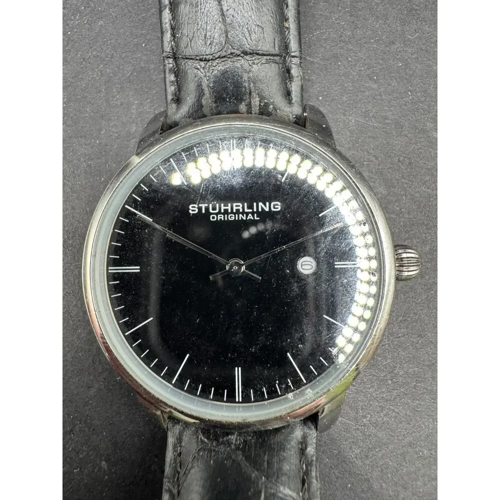 Stuhrling Original Men's 40 mm Ultra-Slim Black Dial Dress Watch Leather Band